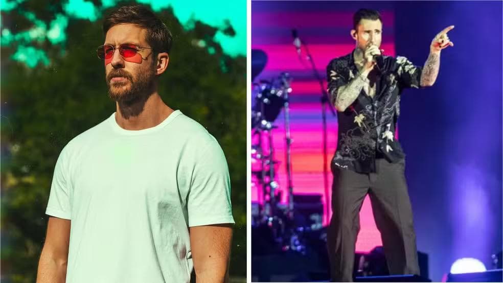 Calvin Harris e Adam Levine, do Maroon 5 — Foto: Reprodução e Fábio Tito/g1