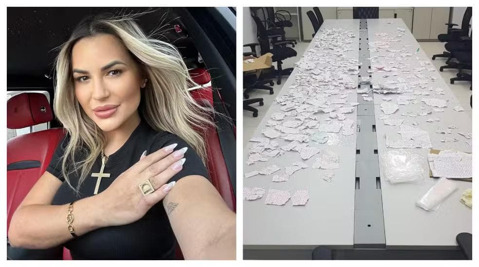 Bilhetes de integrantes do PCC interceptados pela polícia penal no presídio de Presidente Venceslau, no interior de SP, deram origem à prisão de Deolane Bezerra. — Foto: Reprodução/TV Globo e Redes Sociais