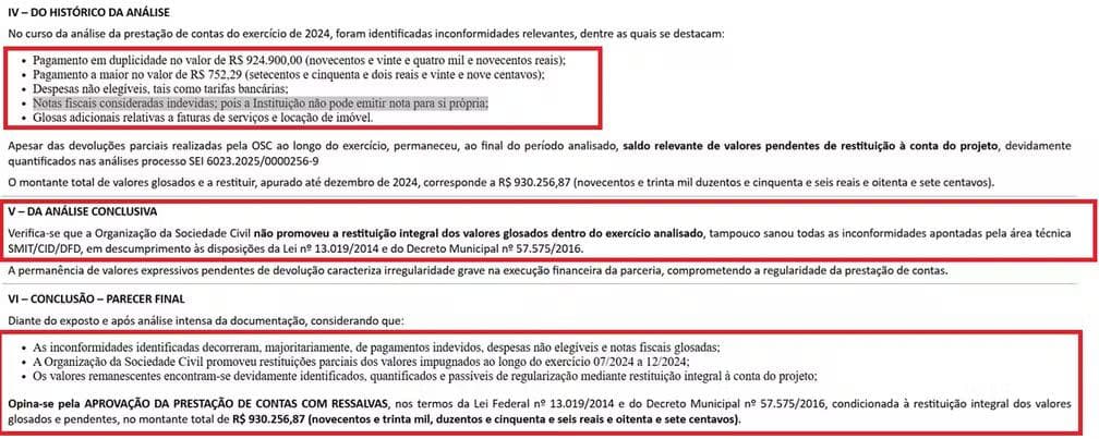 Parecer da secretaria de Inovação e Tecnologia apontando irregularidades nas prestações de conta da ONG. — Foto: Reprodução/PMSP