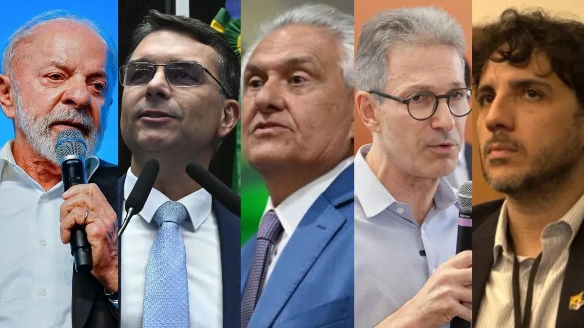 Da esquerda para a direita: Lula (PT), Flávio Bolsonaro (PL), Romeu Zema(Novo), Ronaldo Caiado (PSD) e Renan Santos (Missão). • Arte CNN Brasil