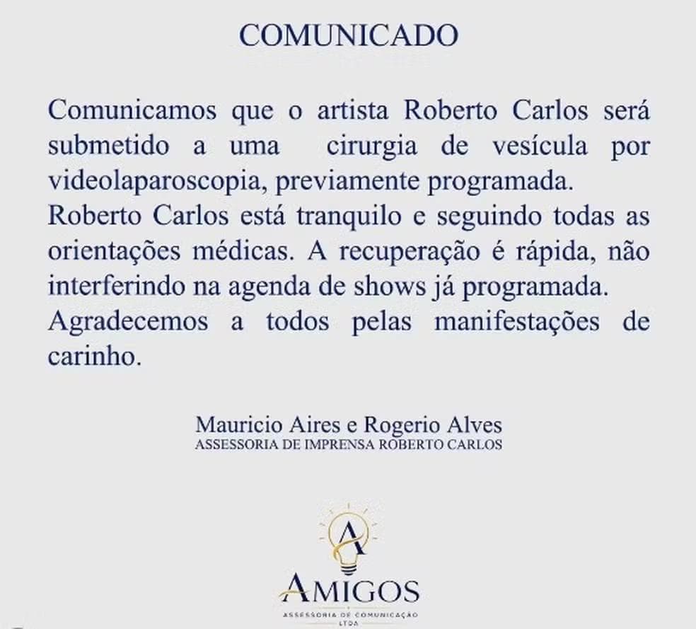 Roberto Carlos passará por cirurgia na vesícula — Foto: Reprodução