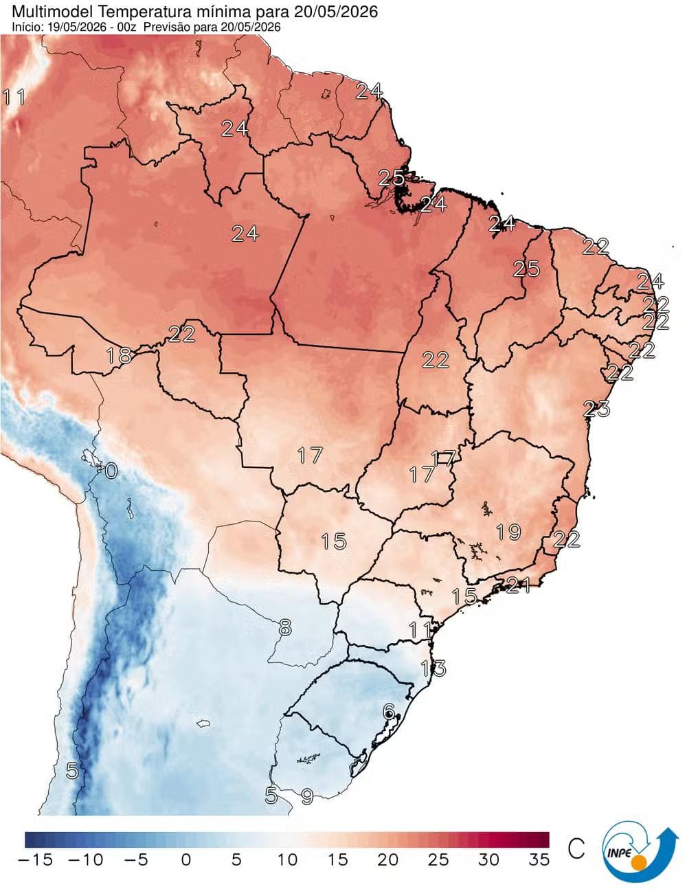 Temperaturas mínimas previstas para esta quarta em todo o Brasil. — Foto: CPTEC/Inpe