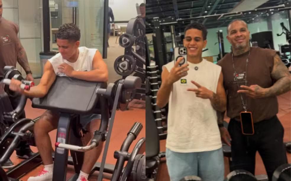 Gaab treina ao lado do pai, Rodriguinho, em vídeo compartilhado nas redes sociais. — Foto: Redes sociais