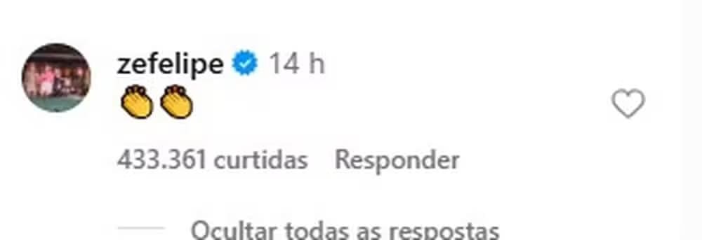 Zé Felipe deixa emojis de aplausos em post de Virginia Fonseca — Foto: Reprodução/Instagram