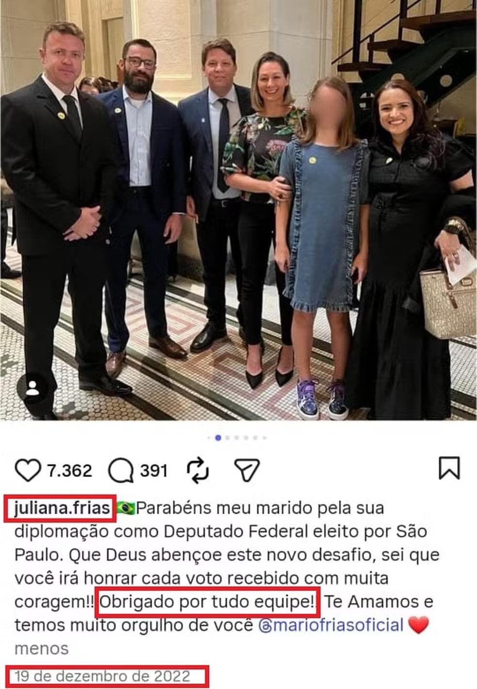 Karina da Gama aparece na diplomação do deputado Mário Frias (PL), em dezembro de 2022, e é chamada de 'equipe' pela esposa dos parlamentar nas redes sociais. — Foto: Reprodução/Redes Sociais