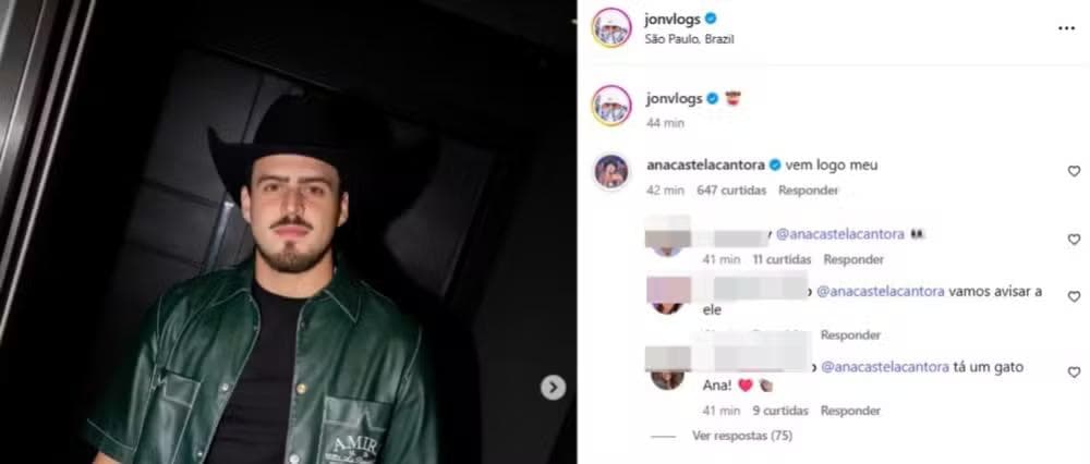 Ana Castela deixa comentário em foto de Jon Vlogs em meio a rumores de affair — Foto: Reprodução/Instagram