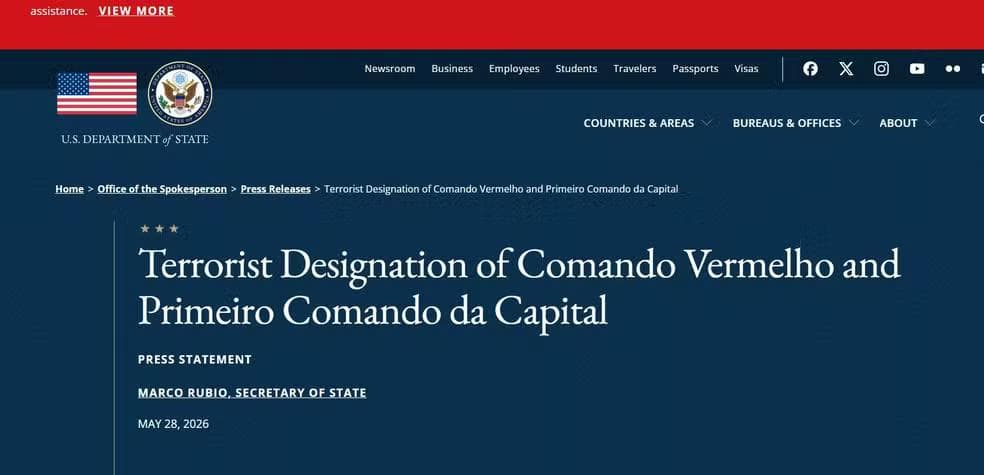 Declaração à imprensa dos EUA sobre designação do PCC e do CV como grupos terroristas — Foto: Reprodução