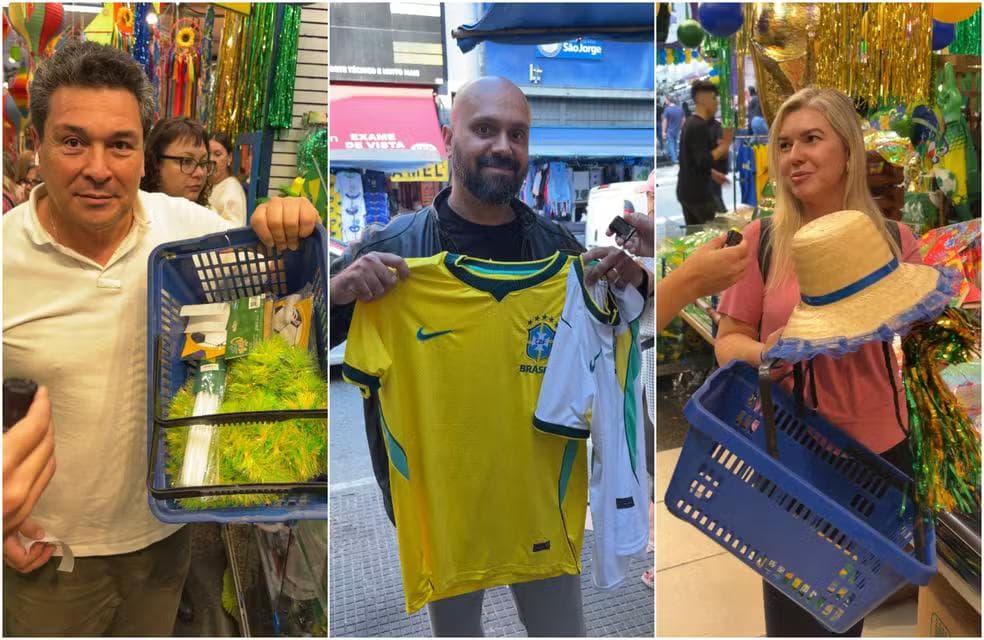 Victor Villarreal (esq.), Fabiano Mota (centro) e Vanessa Andrade (dir.) fazem compras de itens da Copa e de festa junina na região da Rua 25 de Março. — Foto: André Vinco/g1