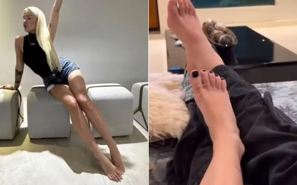 Karoline Lima virou assunto na internet por conta de seus pés e chegou a compará-los com os do ex-namorado, o jogador Léo Pereira — Foto: Reprodução