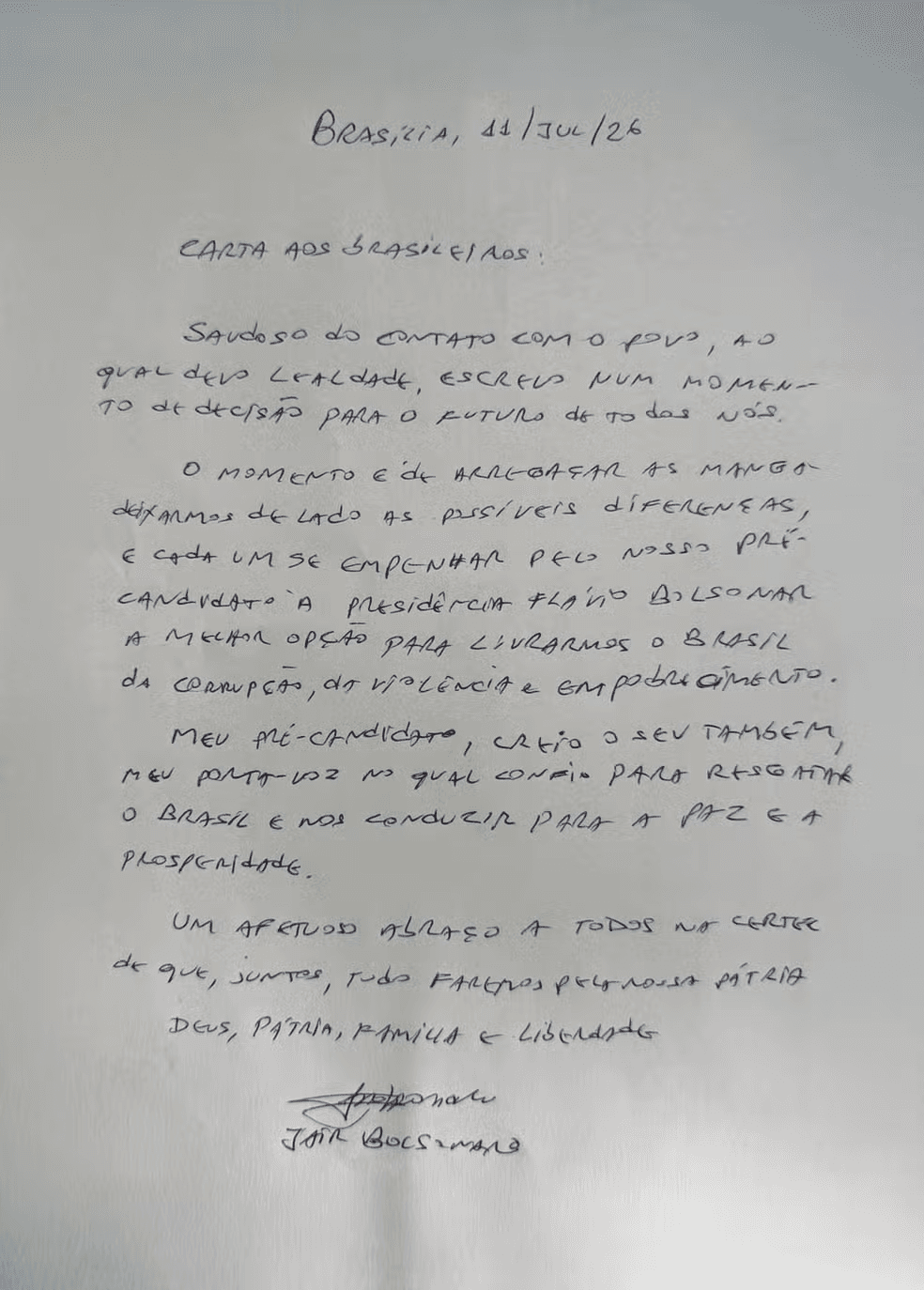 Carta escrita pelo ex-presidente Jair Bolsonaro e lida pelo senador Flávio Bolsonaro neste sábado (11) — Foto: Divulgação
