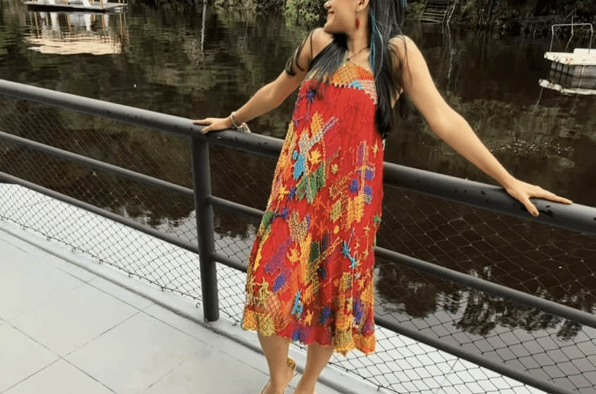 Rafaella usando o vestido produzido por Roberta Janaína. Foto: Reprodução