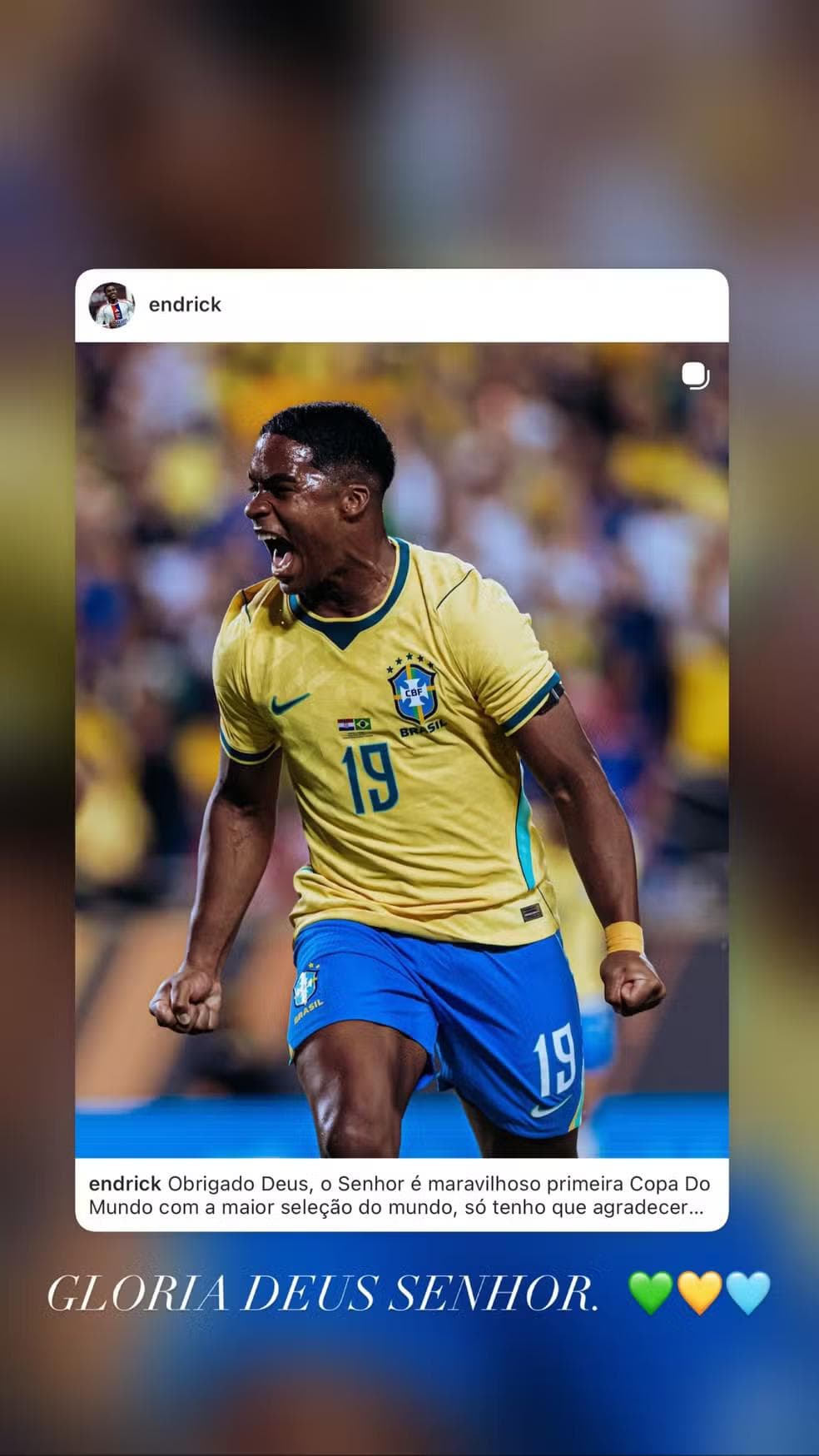 Gabriely comemora convocação de Endrick para a Copa — Foto: Reprodução/Instagram