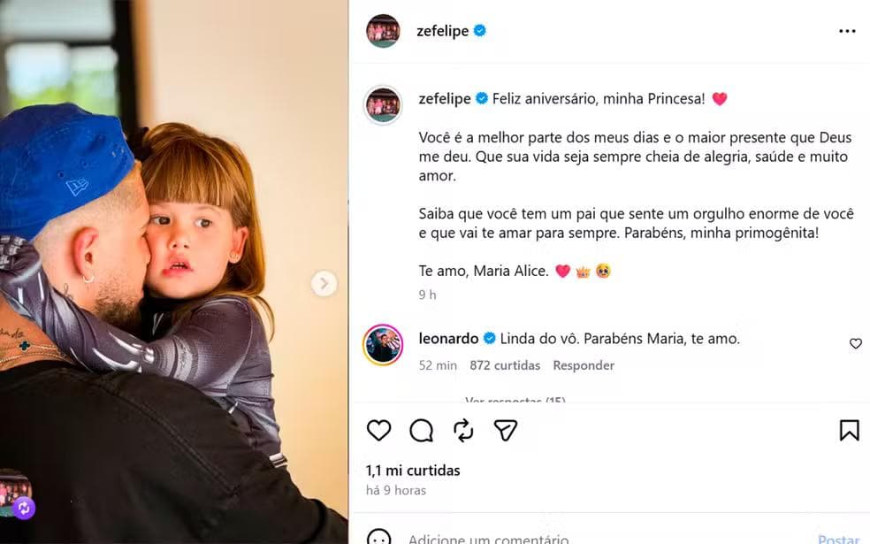 Zé Felipe celebra o aniversário de Maria Alice — Foto: Reprodução