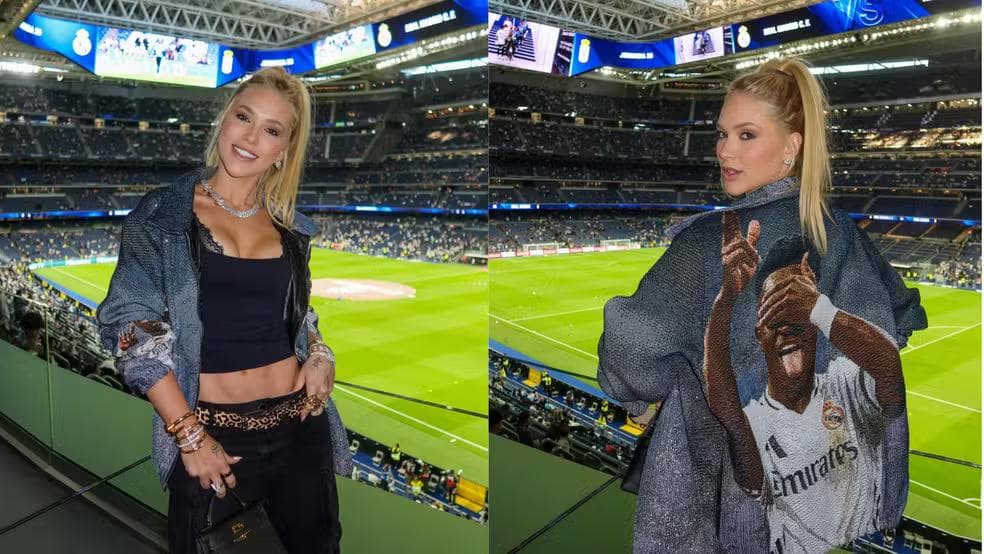 Virginia usa jaqueta com rosto de Vini Jr., vai a jogo do craque e ganha declaração: 'Te amo' — Foto: Reprodução / Instagram