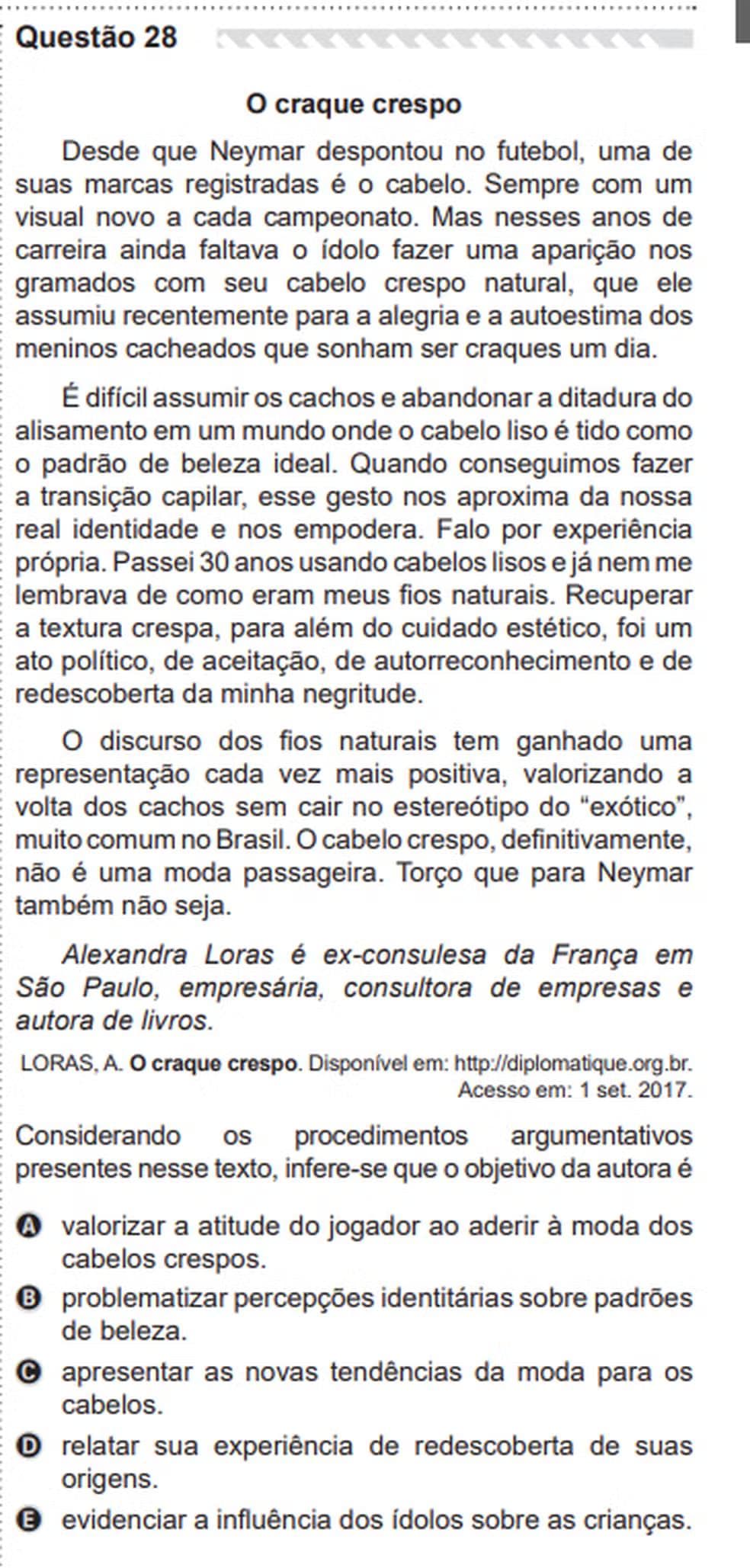 Questão 28 da reaplicação do Enem 2020 cita Neymar. — Foto: Enem/Inep
