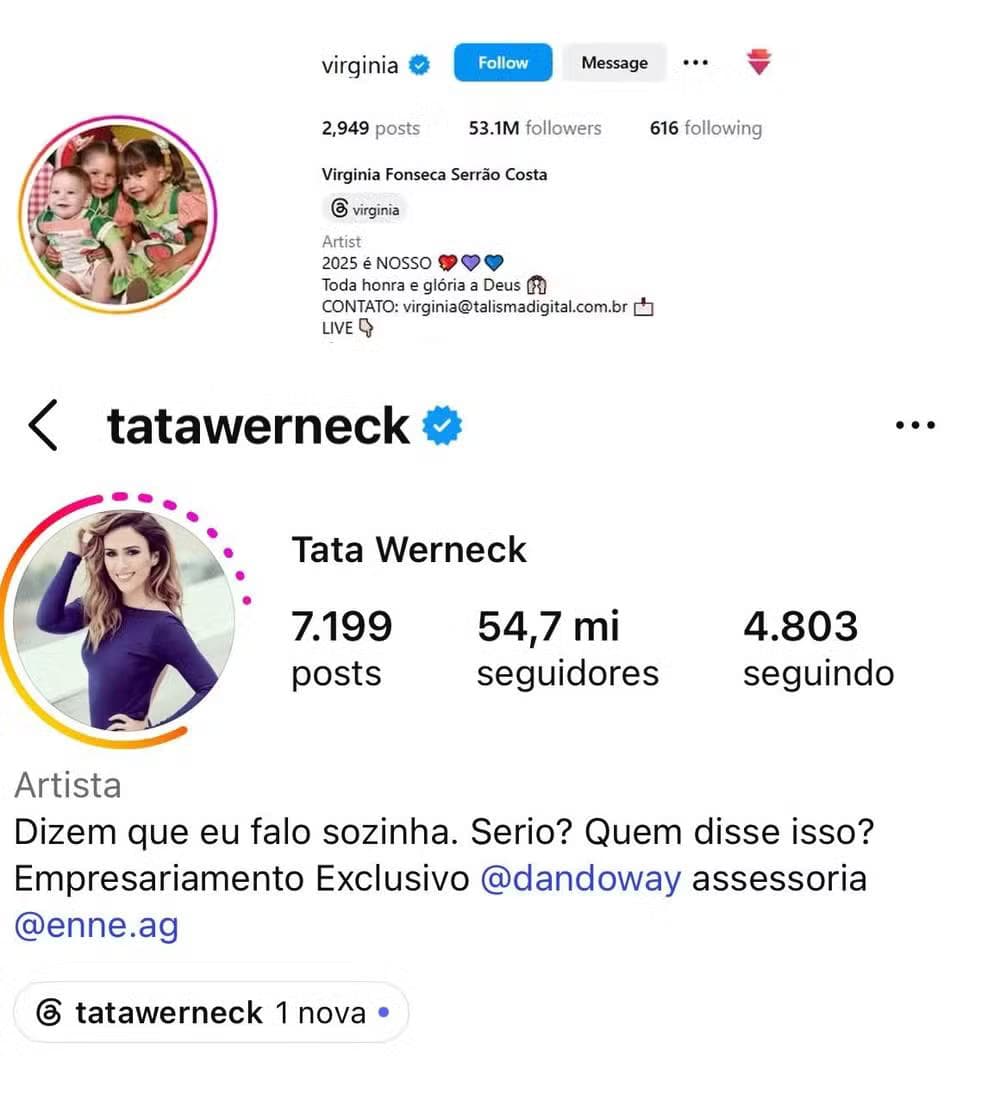 Virginia tinha menos seguidores que Tatá Werneck — Foto: Reprodução/Instagram