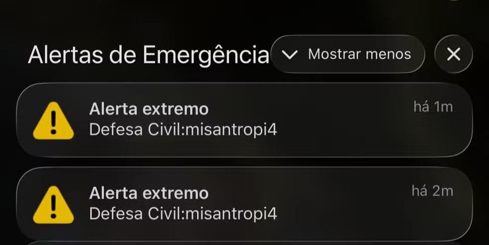 Morador do Rio de Janeiro mostra alerta extremo recebido no celular com a palavra “misantropia”. — Foto: Reprodução