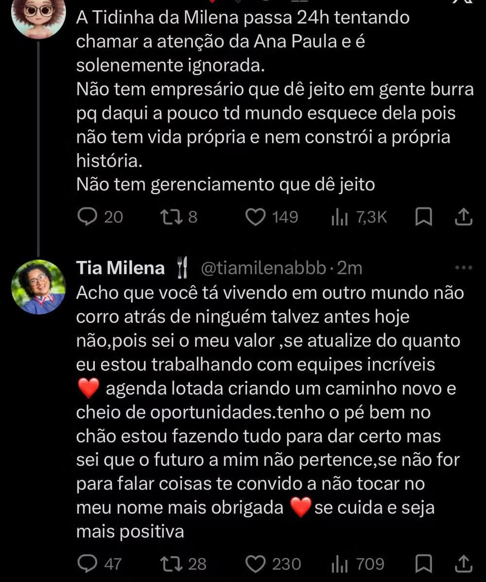 Vice-campeã do "BBB 26" rebateu comentário ofensivo nas redes sociais — Foto: Reprodução/Instagram