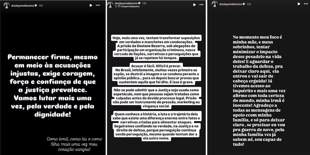 Postagens de Dayanne Bezerra sobre a prisão da irmã Deolane e a investigação sobre lavagem de dinheiro do PCC. — Foto: Reprodução/Redes Sociais