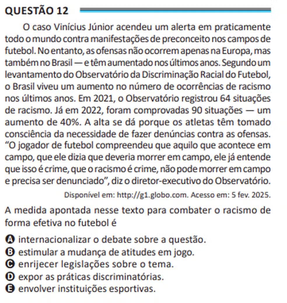 Questão 12 do Enem 2025, aplicado em Belém, cita Vini Jr. — Foto: Enem/Inep