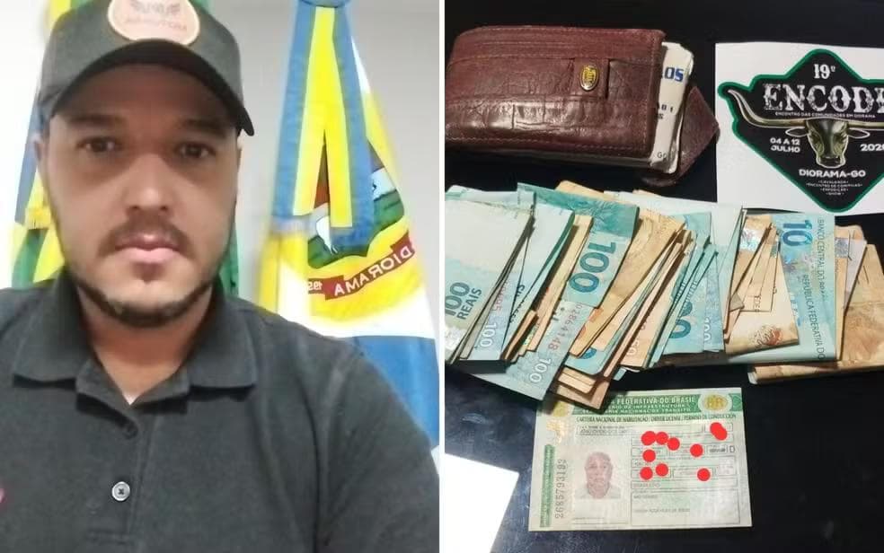 À esquerda, Jovânio Marcos. À direita, o dinheiro e documetnos encontrados por ele, em Goiás — Foto: Arquivo pessoal/Jovânio Marcos