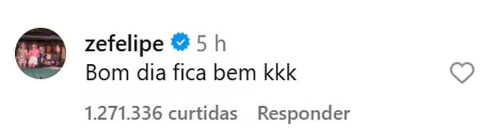 Comentário de Zé Felipe no post de Virginia ultrapassa um milhão de curtidas — Foto: Reprodução/ Instagram