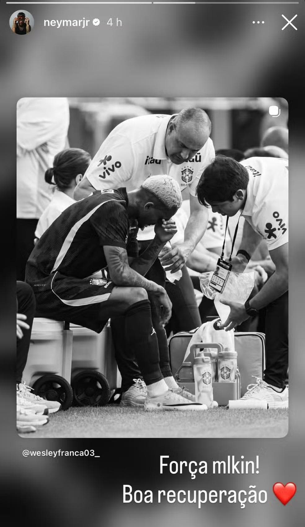 Publicação de Neymar para Wesley após corte da Seleção — Foto: Reprodução / Instagram