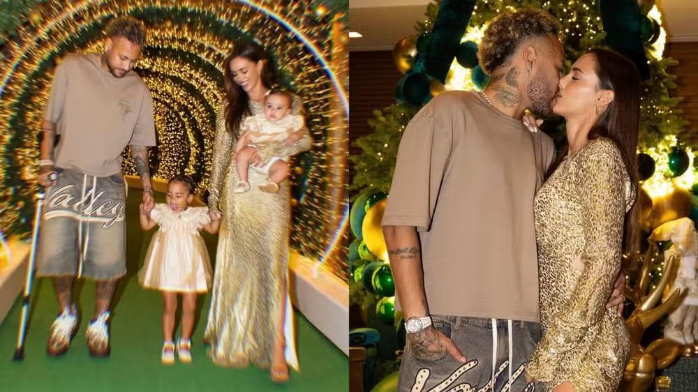 Bruna Biancardi com Neymar e as filhas, Mavie e Mel — Foto: Reprodução/Instagram