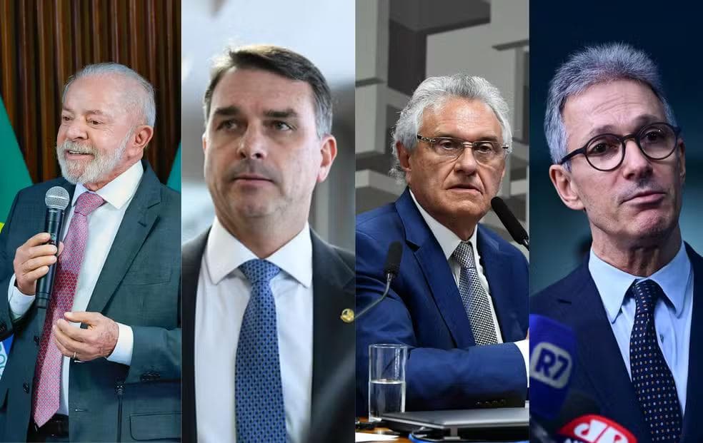 Pré-candidatos à Presidência, Luiz Inácio Lula da Silva (PT), Flávio Bolsonaro (PL), Ronaldo Caiado (PSD) e Romeu Zema (Novo) — Foto: Reprodução