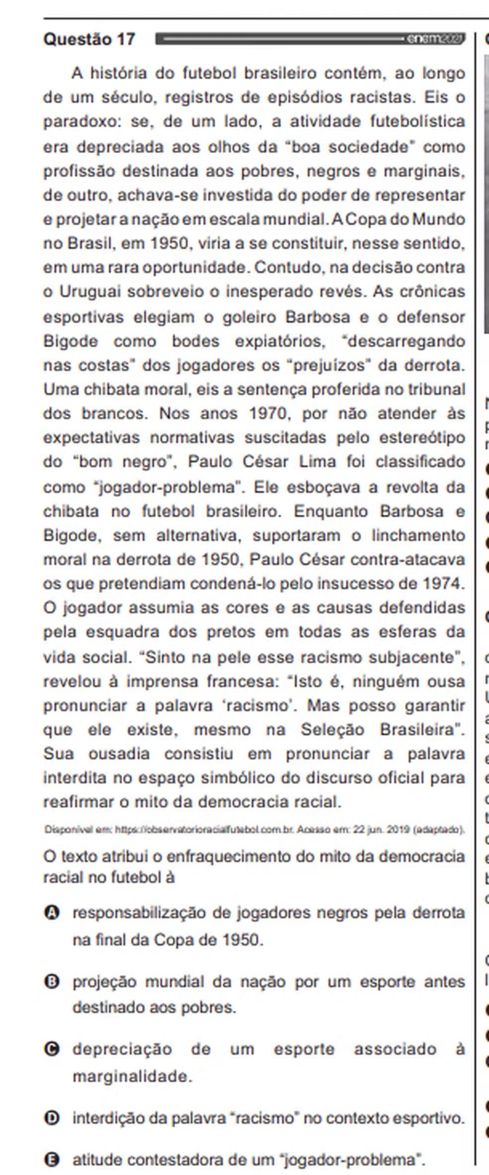 Questão 17 do Enem 2021 cita jogadores da Copa de 1950. — Foto: Enem/Inep